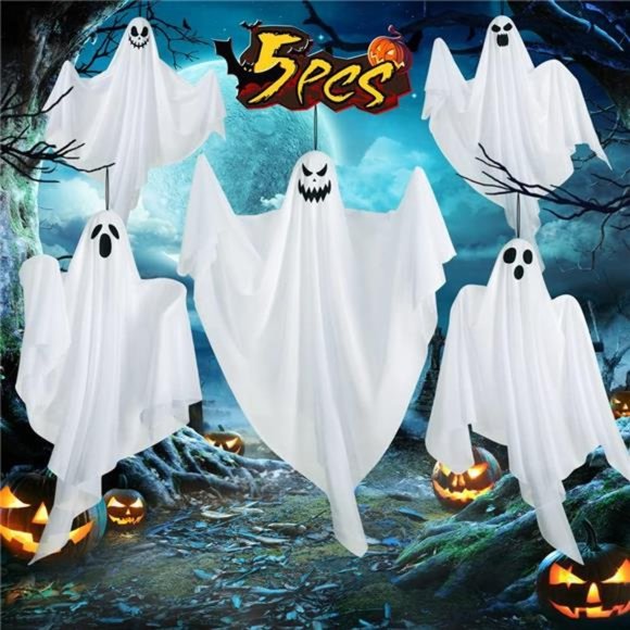 5 Pack Hanging Ghosts Halloween Decor - 27.5" Cute Flying Ghosts - Picture 1 of 6
